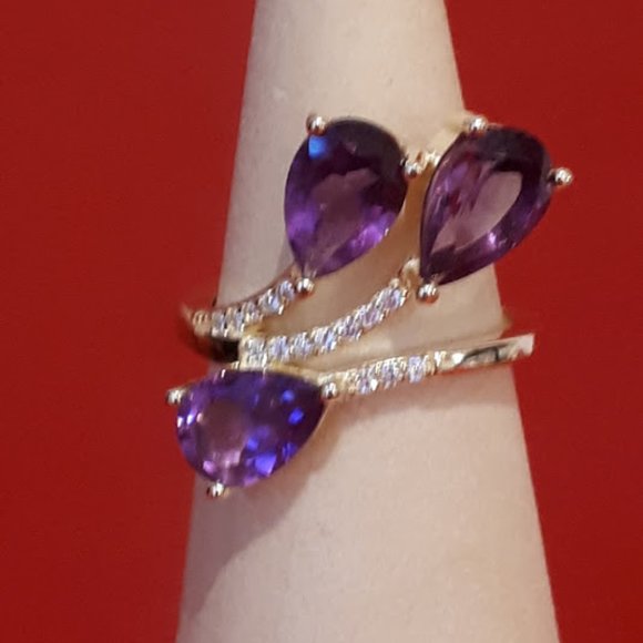 Sunny Jewels Jewelry - Natural Amethyst with CZ 14K Yellow Gold on 925 Sterling Silver Ring Size 6.5